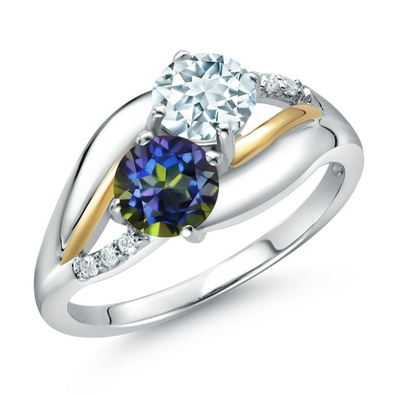 Gem Stone King 925 Sterling Silver and 10K Yellow Gold Blue Mystic Topaz Sky Blue Aquamarine and White Lab Grown Diamond 2 Stone Engagement Ring for Women (1.04 Cttw, Round 5MM, , Size 6)