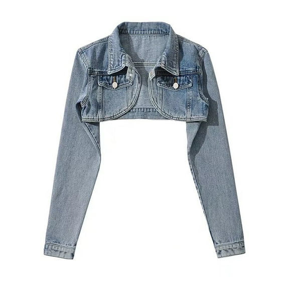 Kilaqueen Cropped Jean Jacket for Women Classic Long Sleeve Lapel Front Pocket Short Denim Cardigan Casual Trendy Versatile Jacket