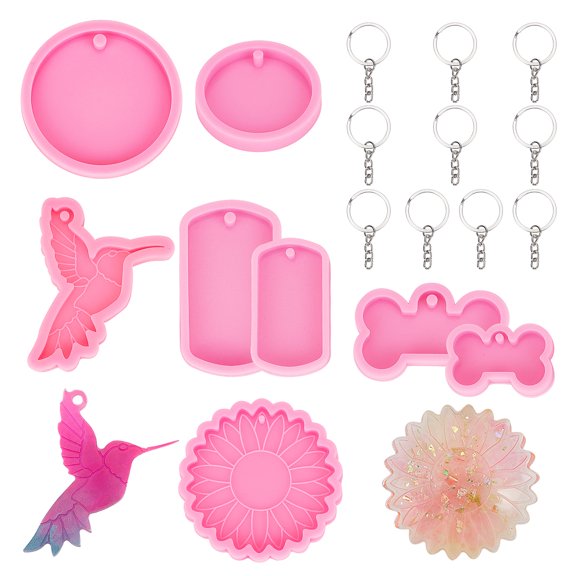 1bag Key Chain Silicone Molds Kits Including Resin Casting Molds Iron Keychain Ring Mixed Shape Fuchsia 6.5x0.8cm 1pc/bag