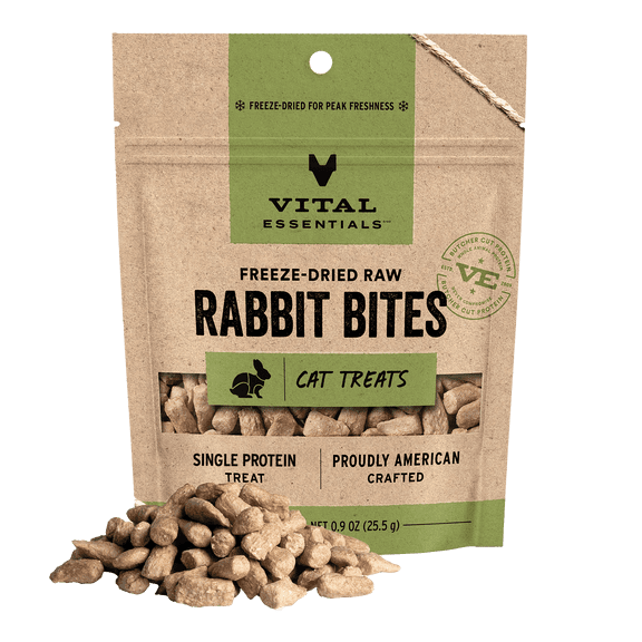 Vital Essentials Freeze Dried Cat Treats | Rabbit Bites, Single Protein | Grain Free, Crunchy Cat Treats, 0.9 oz bag