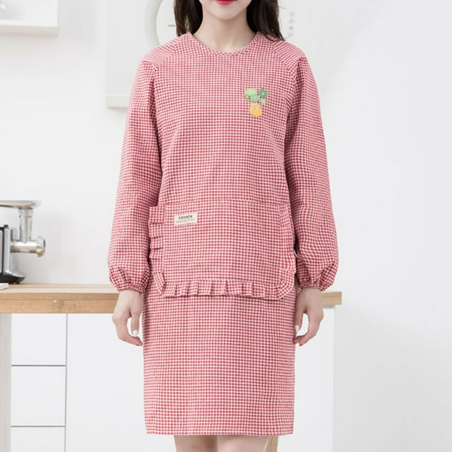 Long Sleeve Kitchen Apron for Women with Convenient Front Pockets and Adjustable Straps
