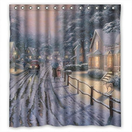 Hellodecor Snow Nitht Towns Merry Christmas Shower Curtain