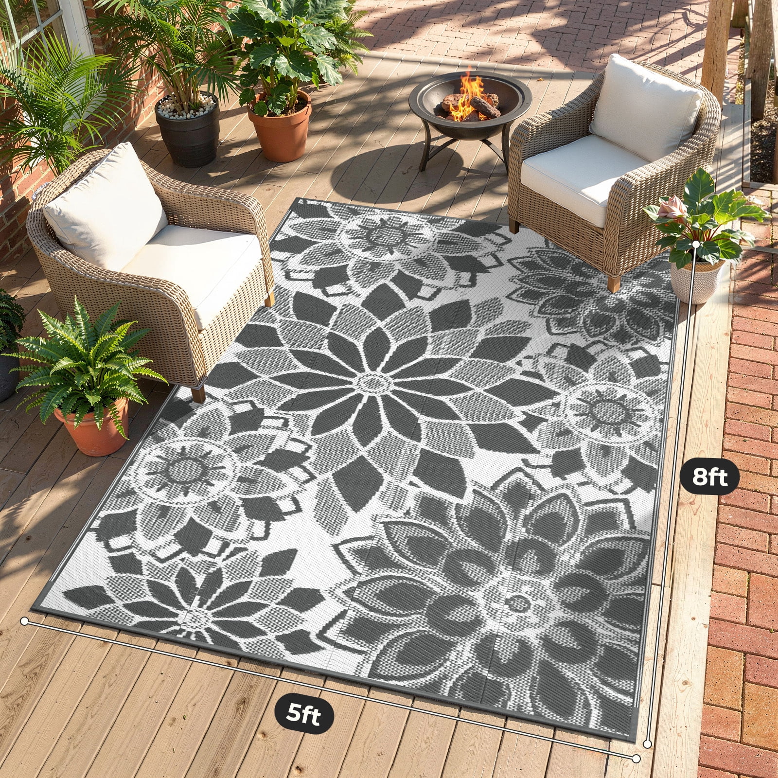 Findosom Outdoor Rug 5'x8' Reversible Waterproof Outdoor Patio Rug Mat Plastic Straw Rug Outdoor Area Rug Patio Camping Rug for RV Picnic Balcony Backyard Beach Outdoor Decor,Gray