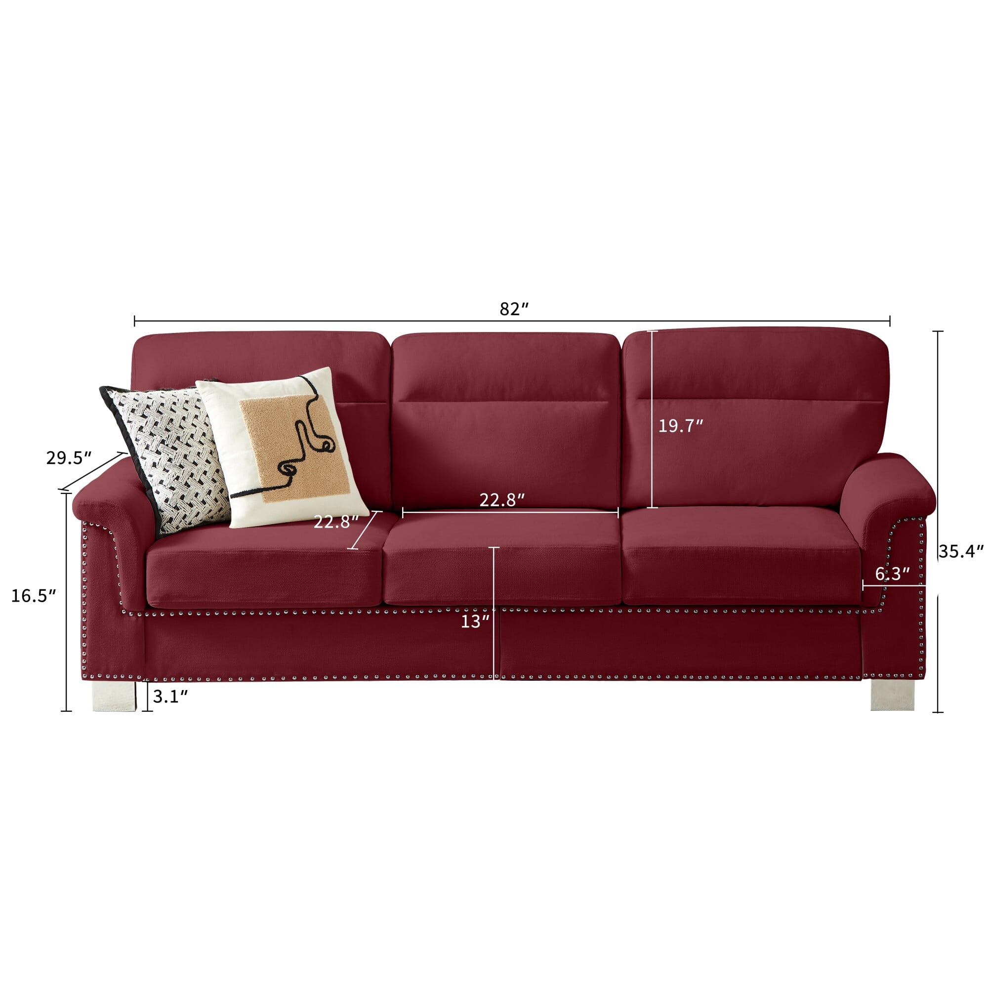 DEALTOPS 82" Modern Ice & Snow Velvet 3-Seater Sofa — Living Room Couch with Rolled Arms & Nailheads, Burgundy