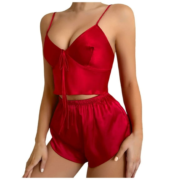 YuYuBao Ladies Pajama Suit 2 Piece Set Sling Solid Color Sling Pajama Thin Style Shorts Home Pajamas Sleepwear