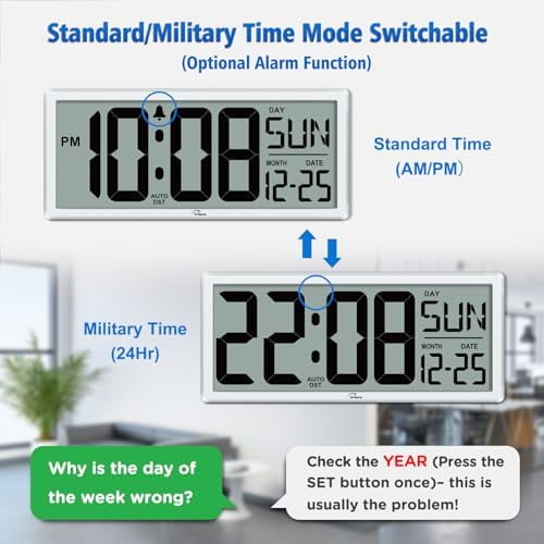 14.5'' Large Digital Wall Clock Battery Operated with Jumbo Numbers, Temperature and Date - Easy to Read and Set, Auto DST