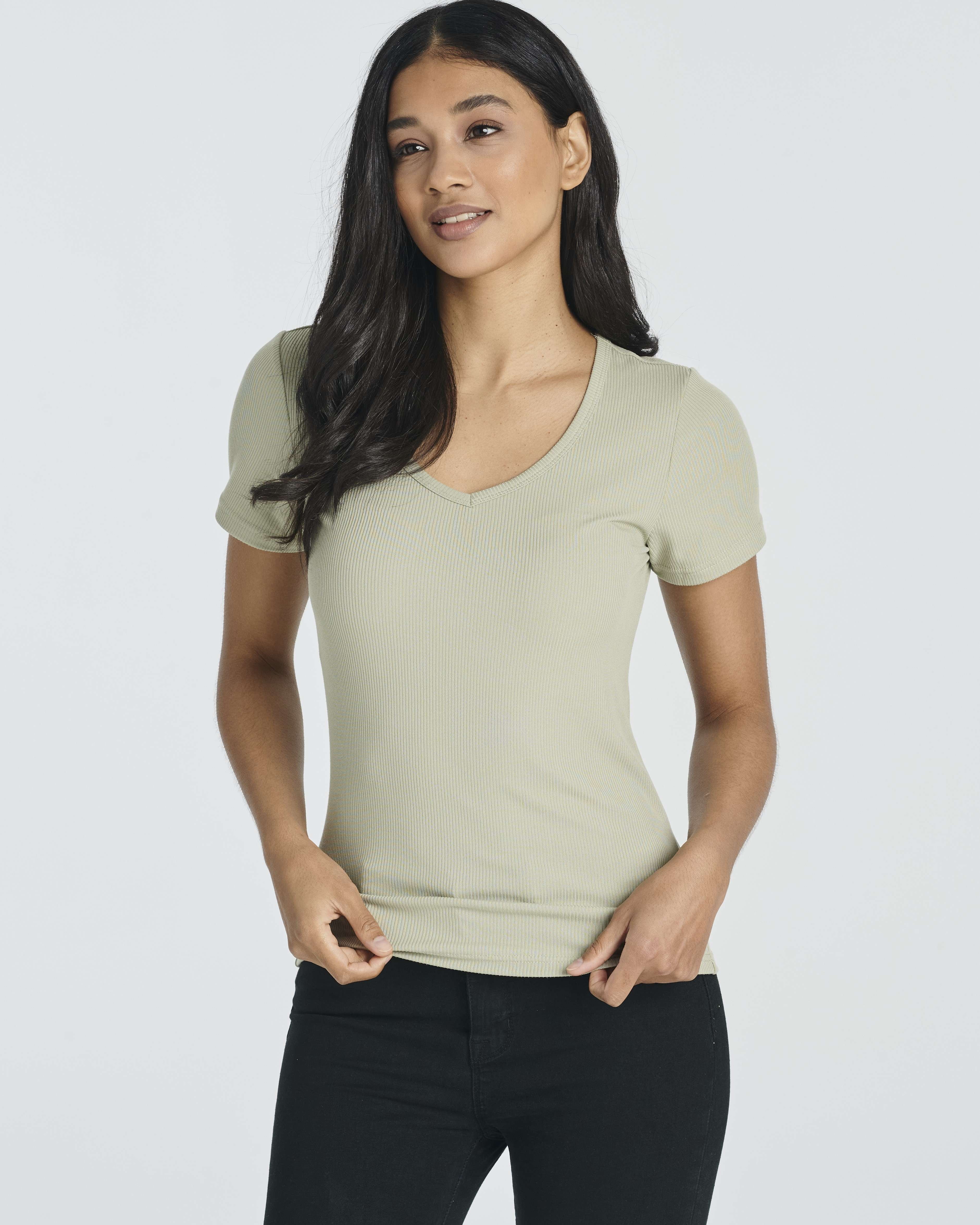 5 Pack: Women's Soft Ribbed Short Sleeve V-Neck T-Shirt Casual Summer Tee Shirts
