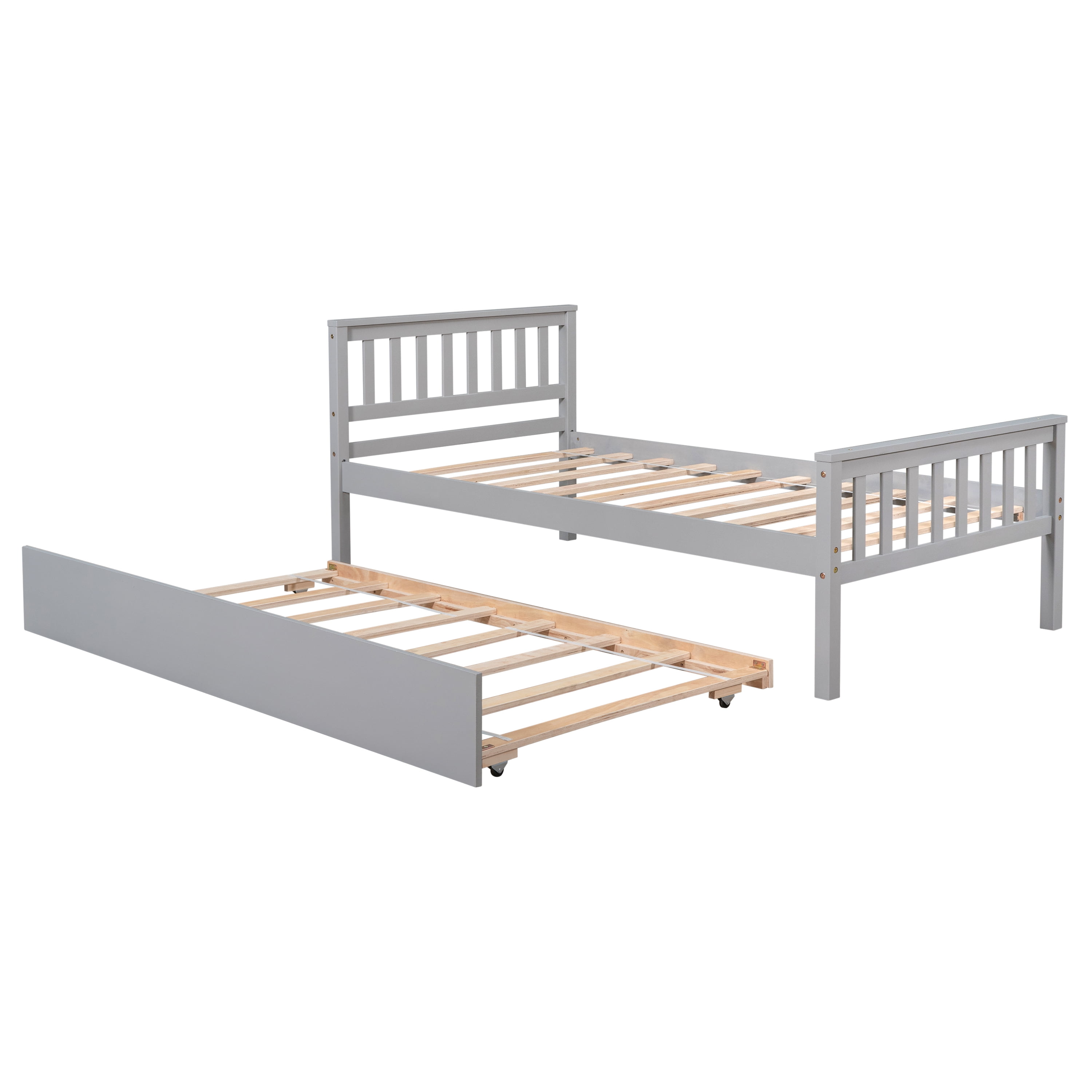 Sailvan Twin Bed with Trundle, Solid Wood Platform Bed Frame with Headboard, No Box Spring Needed Grey
