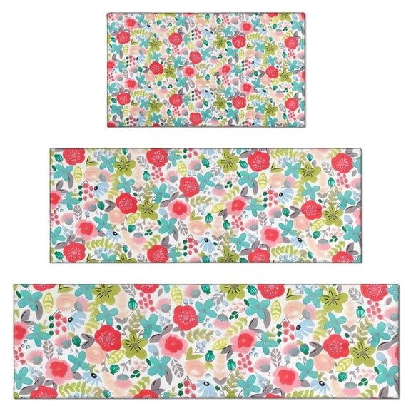 Pioneer Flower Floral Print Pattern Kitchen Rugs Sets Of 3,Kitchen Runner Rugs Non Skid Washable,Decorative Kitchen Floor Mats for Kitchen,Sink,Laundry,17"x30"  17"x47"   17"x59"