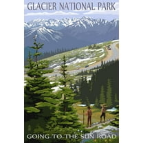 Art.com Glacier National Park - Going to the Sun Road and Hikers Art Print by Lantern Press, 16" x 24"