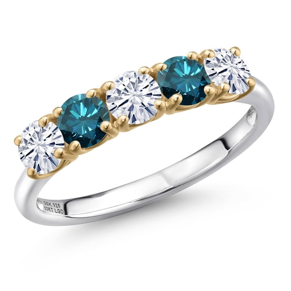 Gem Stone King 925 Silver and 10K Yellow Gold White Moissanite and Blue Diamond Wedding-Bands Ring for Women | 1.23 Cttw | Round 4MM | Gemstone Birthstone | Size 6