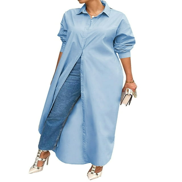 PENGXIANG Manteau Kaftan Hauts pour Femmes Manches Longues Col à Revers à Simple Boutonnage Longues Robes