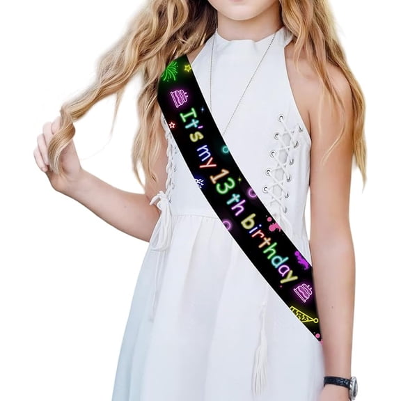 Neno 13th Birthday Sash, Neon Satin Sash for Birthday Queen, Party Favors, Unisex, Teen