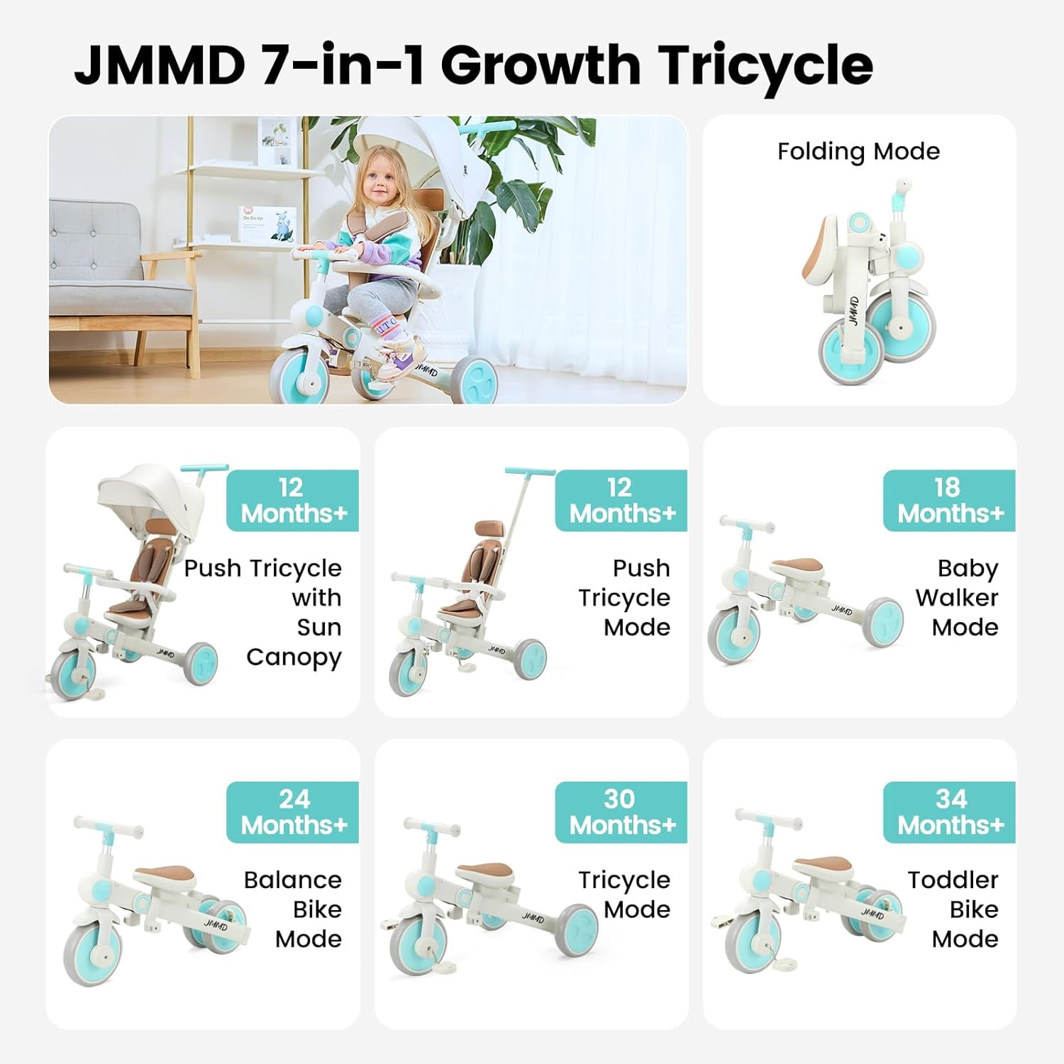 JMMD Baby Tricycle, 7-in-1 Foldable Kids Trike with Adjustable JMMD Baby Tricycle, 7-in-1 Foldable Kids Trike with Adjustable