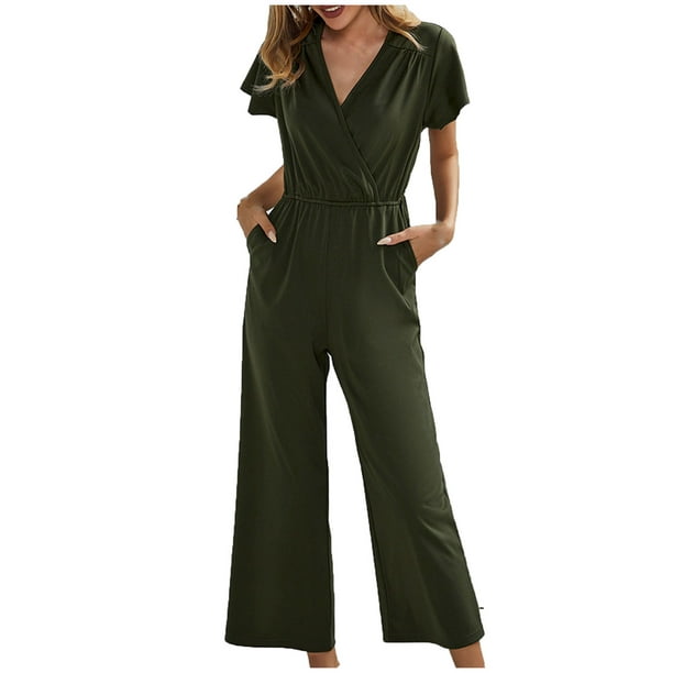 Womens Summer Casual Loose Spaghetti Strap Jumpsuit Elastic Waist Comfy  Cropped Wide Leg Pants Rompers with Pockets