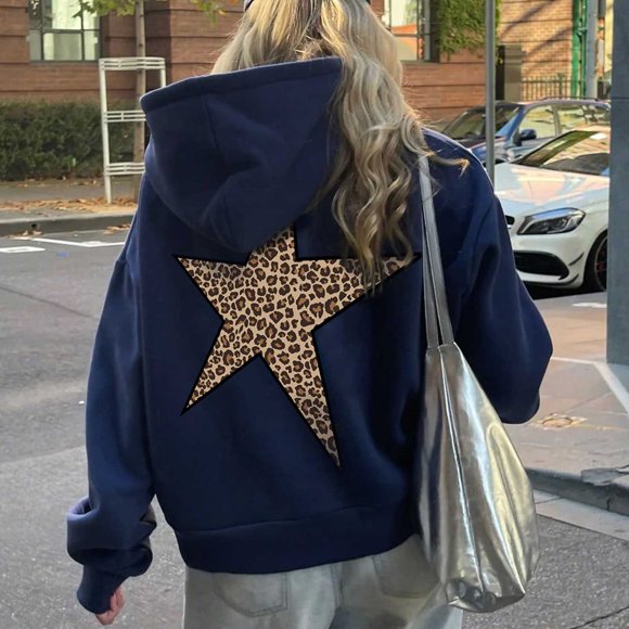 TINZ Star Graphic Hoodies Oversized Leopard Print Casual Womens Sweat Shirts Lapel Coat Women Women Lightweight Hoodie plus Size French Tunic Long Hoodies for Women Long Hoodie Dresses for Women