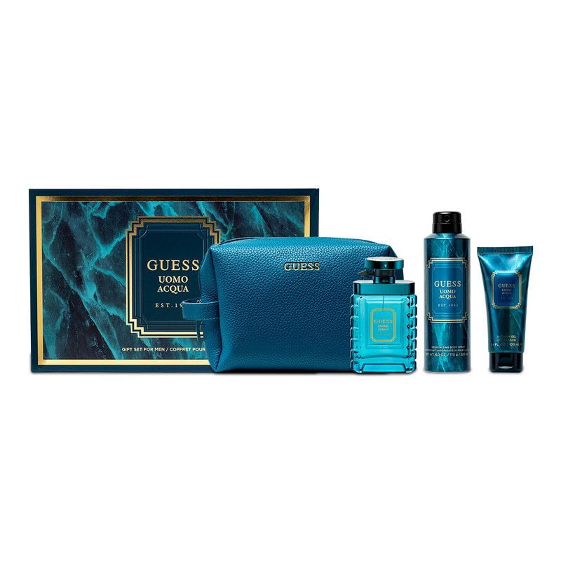 GUESS, Guess Uomo Acqua 4 Pc Gift Set, EDT Spray, Body Spray