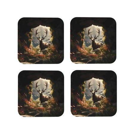 

Coasters Set of 4 - Enchanted Deer In Cave Drink Coasters for Tabletop Protection Leather Coasters for Living Room Decor and Housewarming Gift Square