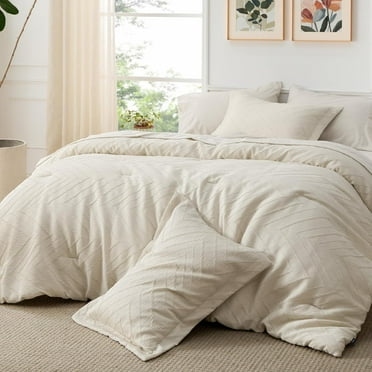 Boho King Size Comforter Set - 7 Pieces Jacquard Crease Comforter Bedding Set, Bed in a Bag with 1 Comforter, 1 Flat Sheet, 1 Fitted Sheet, 2 Pillowcases & 2 Shams, Beige Bedding Comforter Set