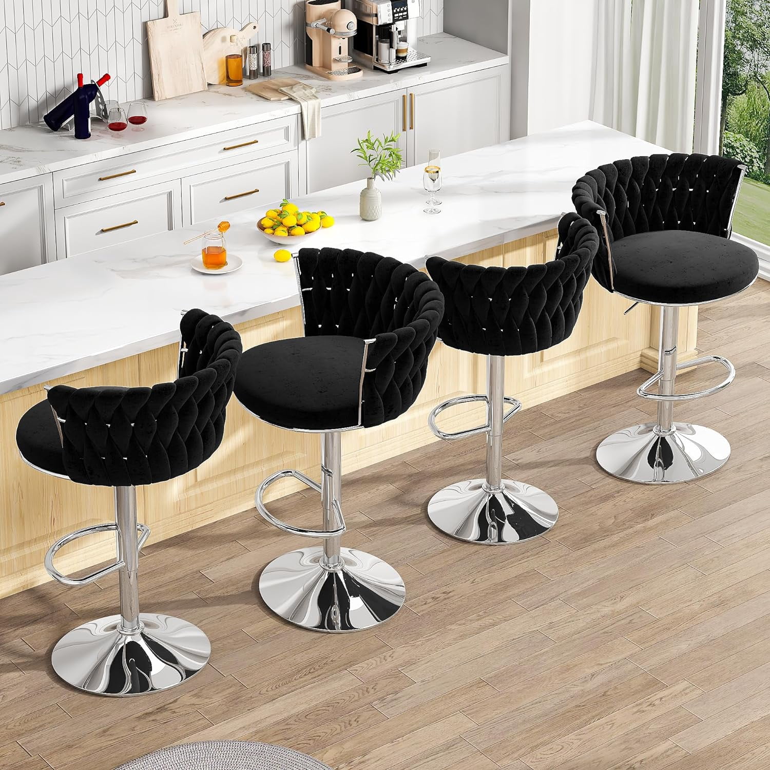 LinkRomat Velvet Bar Stools Set of 2,Swivel Counter Height Bar Stools with Backrest and Footrest,for Kitchen Island Dining Chairs,Black