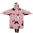 thumbnail image 2 of Oversized Wearable Blanket Hoodie,Boston Terrier Dogs and Flowers Sherpa Blanket Hoodie with Super Pockets,Super Warm Fuzzy Pullover for Women & Men, 2 of 6
