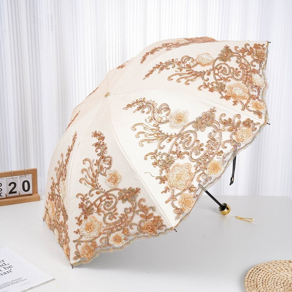 Lace Embroidery Sun Umbrella Ladies Anti-UV Umbrella Folding Parasol Umbrella Vintage Flower Embroidery Umbrella Sun/Rain/Snow Folding Umbrella