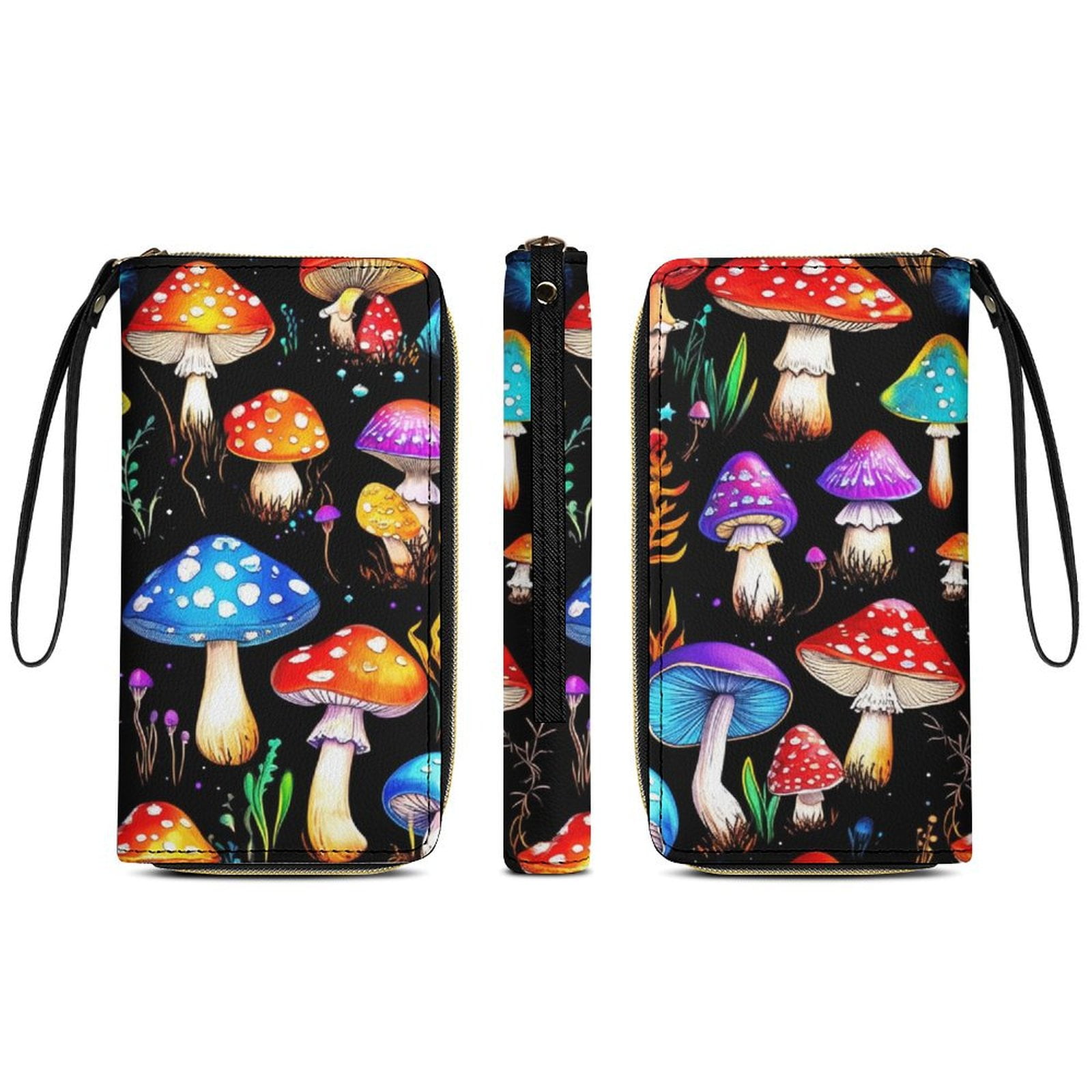 Womens Wallet Bifold Ladies Cluth Bag Wristlet Wrist Strap Long Purse Fantasy Mushroom Design