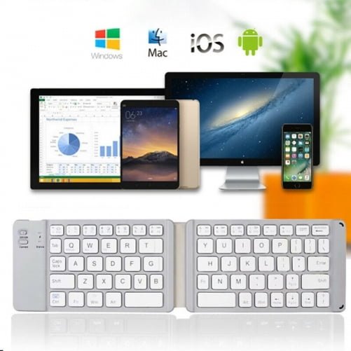 Slim Compact Fold-up Wireless Keyboard Keypad Portable White A7J for Blackberry Key2 LE - Blackview BV9000 Pro, BV8000 Pro - BLU S1, G9, Vivo XL4 XI Plus, Life One X3, Studio X8 HD, Pure View
