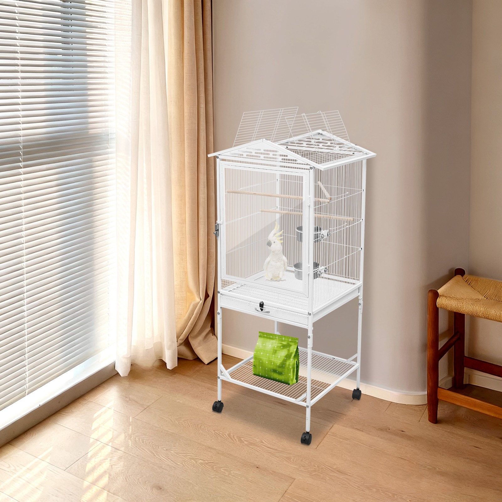 Bird Cage with Wheels, Cage for Parrots, Large Bird Cage, for Homes, Shops, and More on Balconies, for Cockatiels, Budgerigars, Long-tailed Parrots, or Other Birds