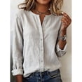 thumbnail image 2 of LEKWK Linen Button Down Shirt Women Solid Split V Neck Long Sleeve Tops Work Shirts Casual Basic Tops Loose Fit Plain Soft Office Business Wear, 2 of 3