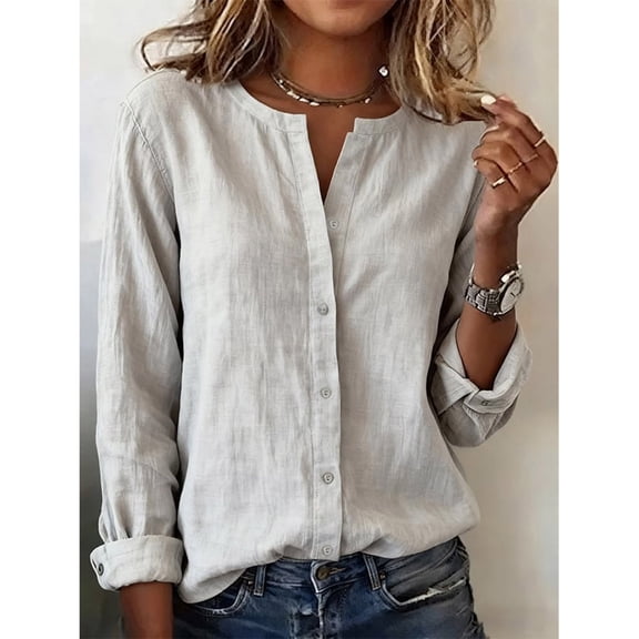 Roncen Womens Long Sleeve Button Down Cotton Linen Shirt Blouse Loose Fit Casual V-Neck Tops