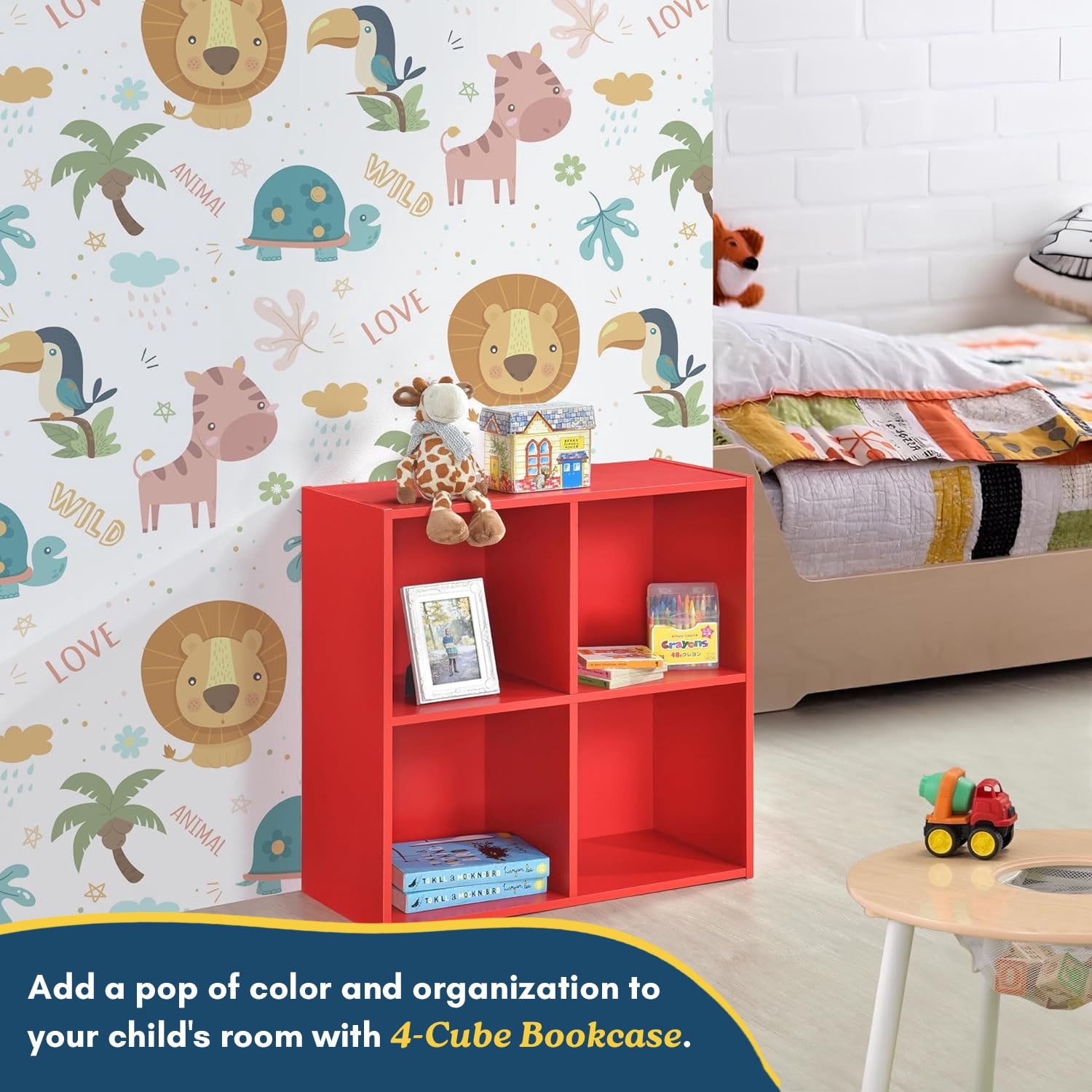 Kings Brand Furniture - 4 Cube Storage Organizer Book Shelf, Toy Storage Organizer for Playroom, Bedroom, Nursery School, Red
