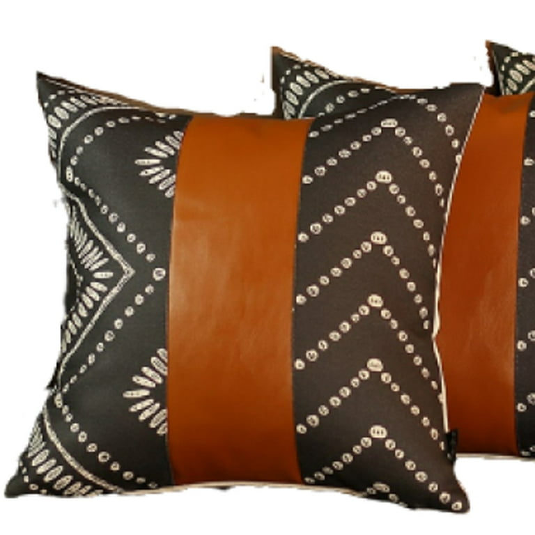 Set of 4 Black and White Geo with Faux Leather Lumbar Pillow Covers Set of 4 Black and White Geo with Faux Leather Lumbar Pillow Covers