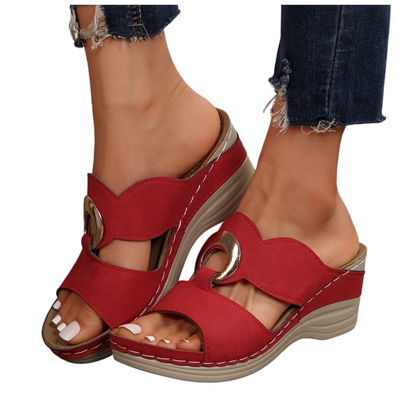 Orthopedic Sandals for Women Fashion Buckle T-Strap Open Toe Wedge Slides Comfortable Thick Sole Summer Walking Beach Shoes Red Size 7.5