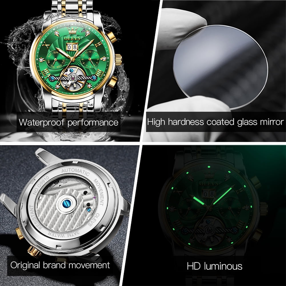 OLEVS Watch for Men Automatic Skeleton Tourbillon Mechanical Self Winding Business Luxury Dual Calendar Stainless Steel Luminous Waterproof Man Wrist Watches Green Dial