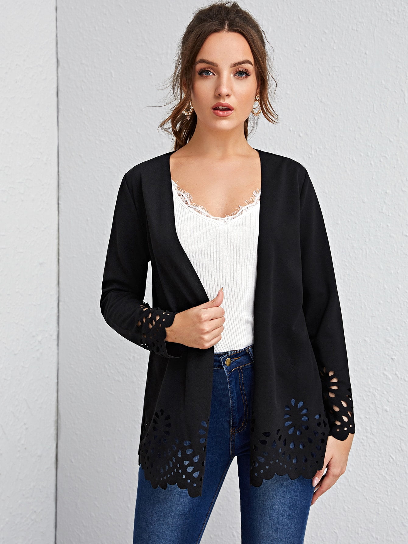 国内送料無料 Women Jacket Outwear Long Sleeve Open Front Scallop Trim Laser Cut Coat Winter Color : Black-0, Size L