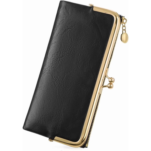 Konexial Womens Wallet Kiss Lock Bifold Leather Wallets for Women Black | Vintage Wallet for Women,Ladies Clutch Purse,Women's Card Holder Wallet with Zipper