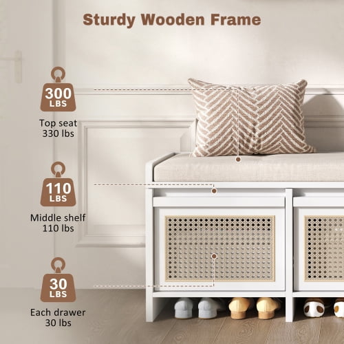 48" Retro Entryway Shoe Storage Bench with Rattan Drawers & Removable Button-Tufted Cushion, White