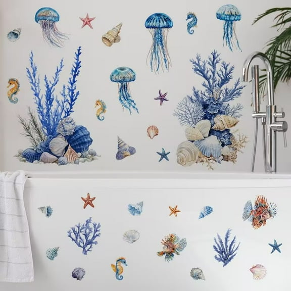 Ocean World jellyfish decals, coral stickers, seahorses, shell wall decals Peel and Stick Living Kids Nursery Ocean playroom Removable Room Seaweed Under Watercolor