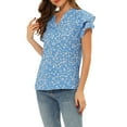 thumbnail image 4 of INSPIRE CHIC Women's Floral Tops V Neck Tiered Short Sleeve Button Down Blouse L Blue, 4 of 5