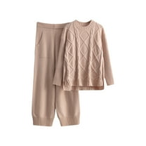 GigrtiJin 2 Piece Outfits for Women Sweater Sets Knitted Crewneck Long Sleeve Tops Casual Loose Wide Leg Pants