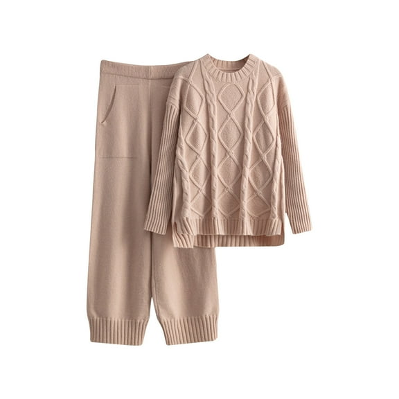 Tungbrin Women's 2 Piece Knit Cotton Sweater Outfits Long Sleeve Turtleneck Pullover Tops Loose Wide Leg Trousers Casual Sets