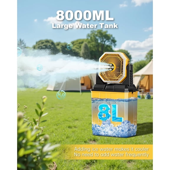 Portable Misting Fan with 24000mAh Battery, 8L Water Tank, 3 Speeds & LED Light for Outdoor Camping Hiking