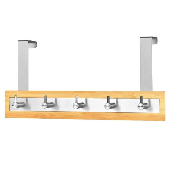 ToiletTree Products Over-the-door Towel Holder, Bamboo and Stainless Steel Clothes & Coat Rack, 5 Hooks
