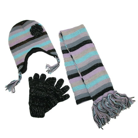 Size one size Women's Striped with Rosette Hat Gloves and Scarf Winter