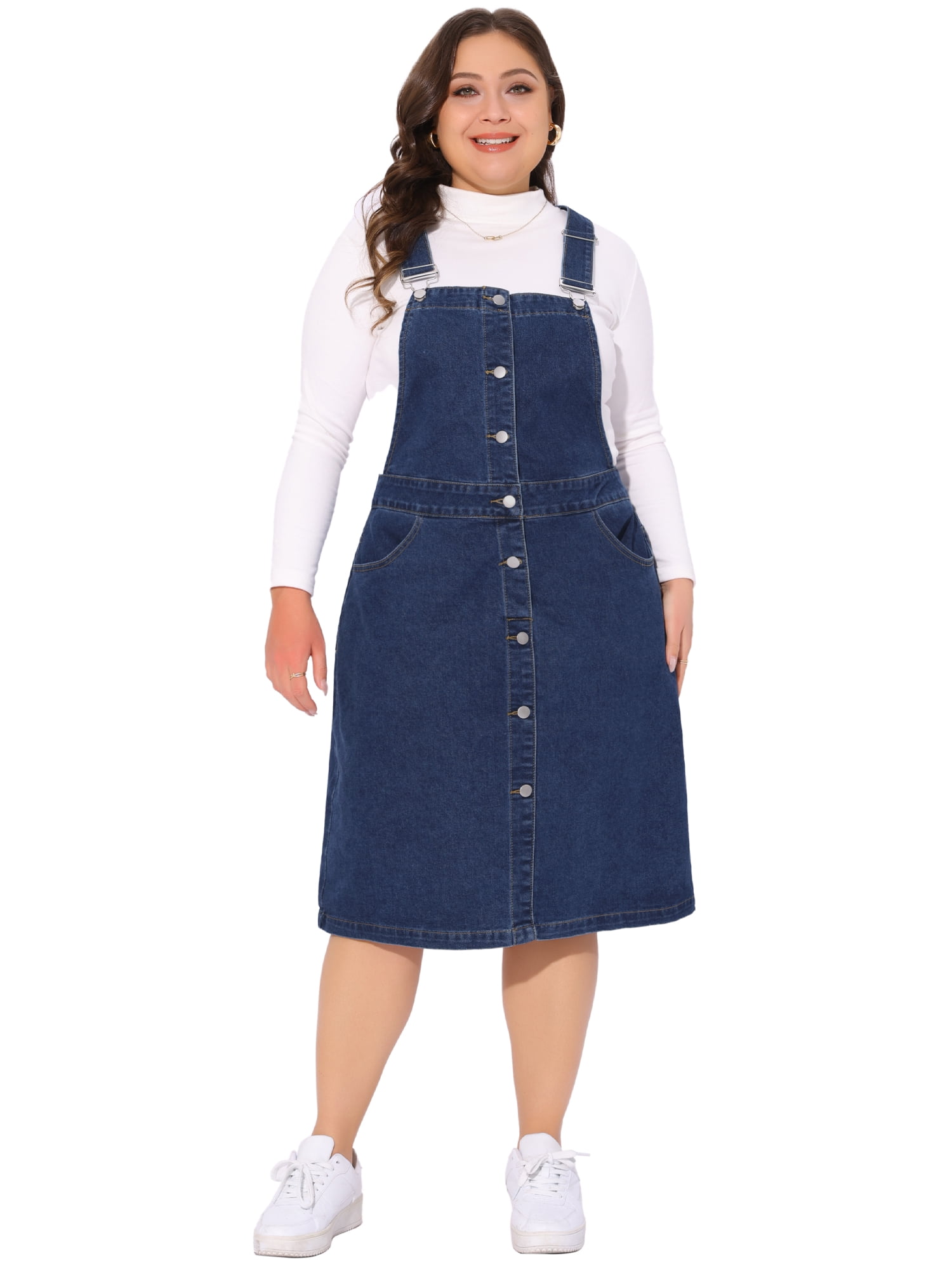DARING DIVA Plus Women's Size Denim Button Front Adjustable Strap Skirt 4X Dark Blue