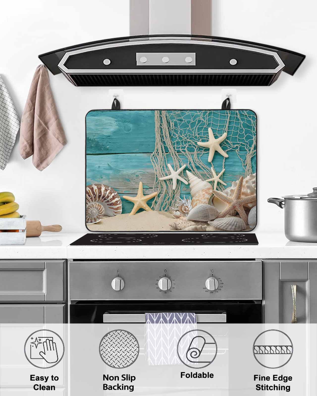 nqOlkjepod Large Induction Cooktop Protector Mat 24"x21", Teal Beach Coastal Stove Top Covers for Electric Stove, Summer Ocean Starfish Shell Conch Stove Burner Cover Mats, Glass Top Stove Cover