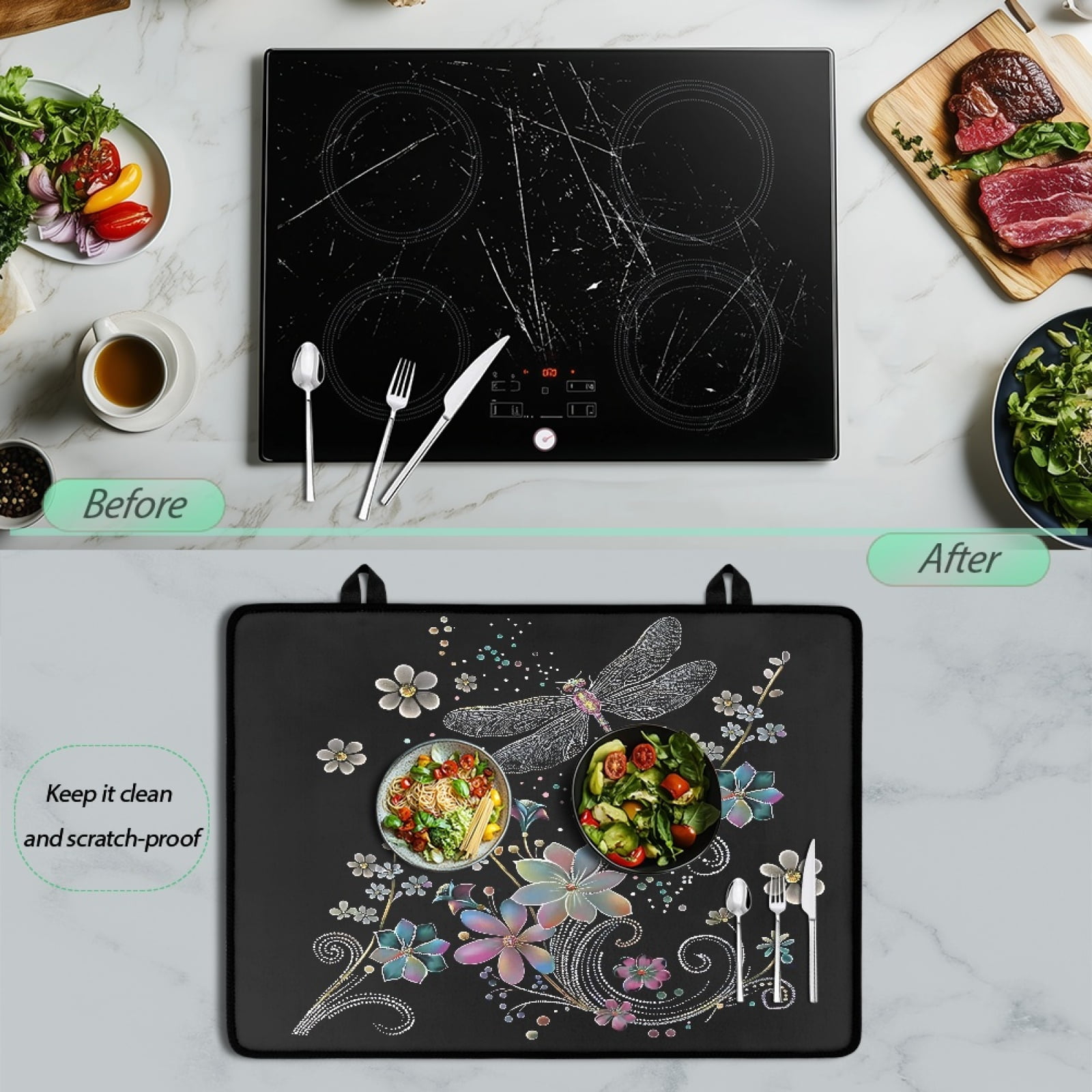 ZIATUBLE Electric Stove Top Cover Induction Stove Top Protector Anti-Scratch Universal Cooktop Mat for Glass Ceramic Stove Top Kitchen Accessories Decor, 29 x 21 Inch, Dragonfly Flower Black