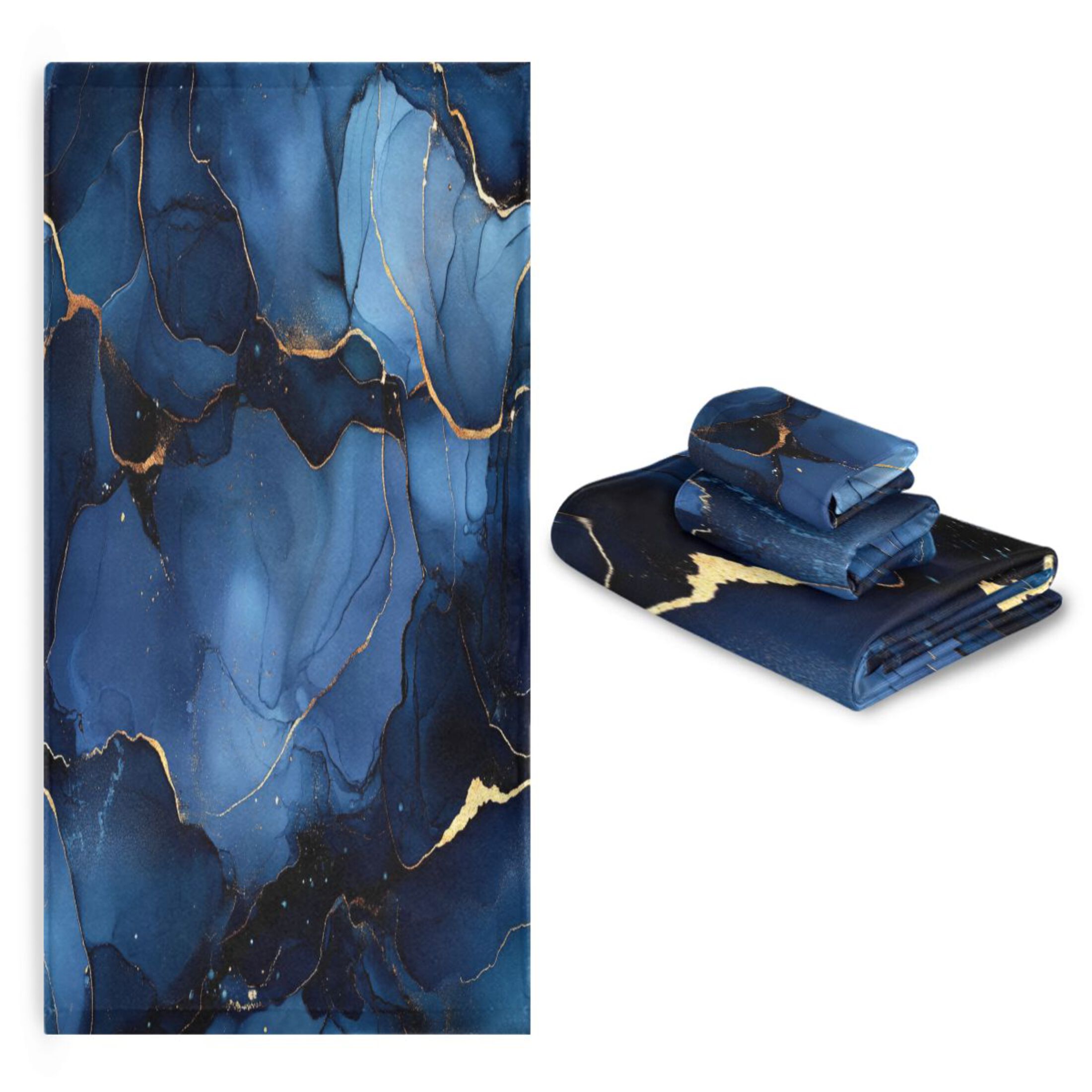 WOBOGO Navy Blue Gilt Marble Ultra Soft 3 Pack Cotton Towel Set Includes 60 x 30in Bath Towel 28 x 16in Face Towel and 13 x 13in Small Square Towel for Everyday Use Lightweight and Compact