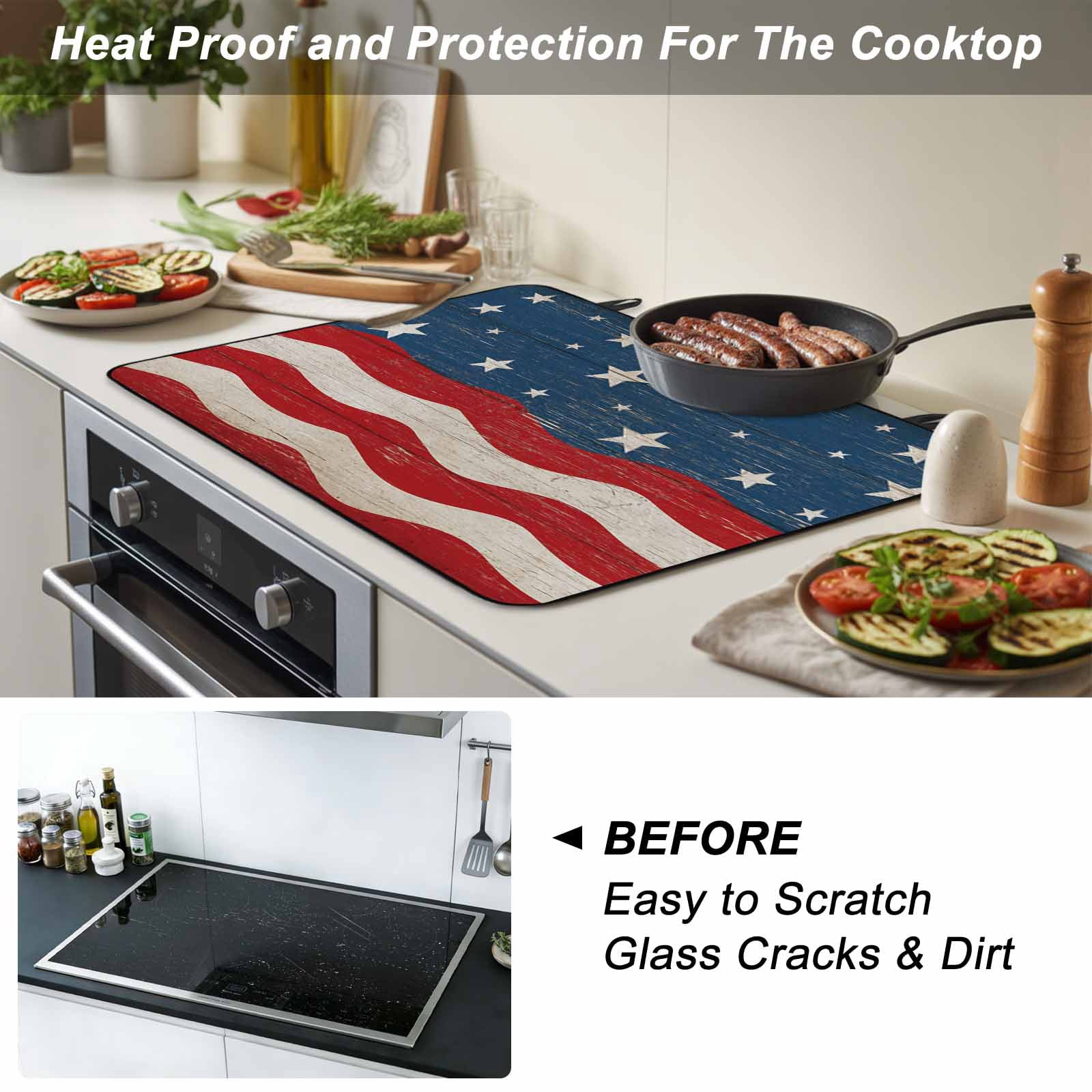 4th of July Stove Top Cover for Electric Stove, Heat-proof & Non Slip Glass Top Stove Cover Protector, American Flag Star on Wood Independence Day Kitchen Flat Cooktop Rubber Mat 24x21 Inches